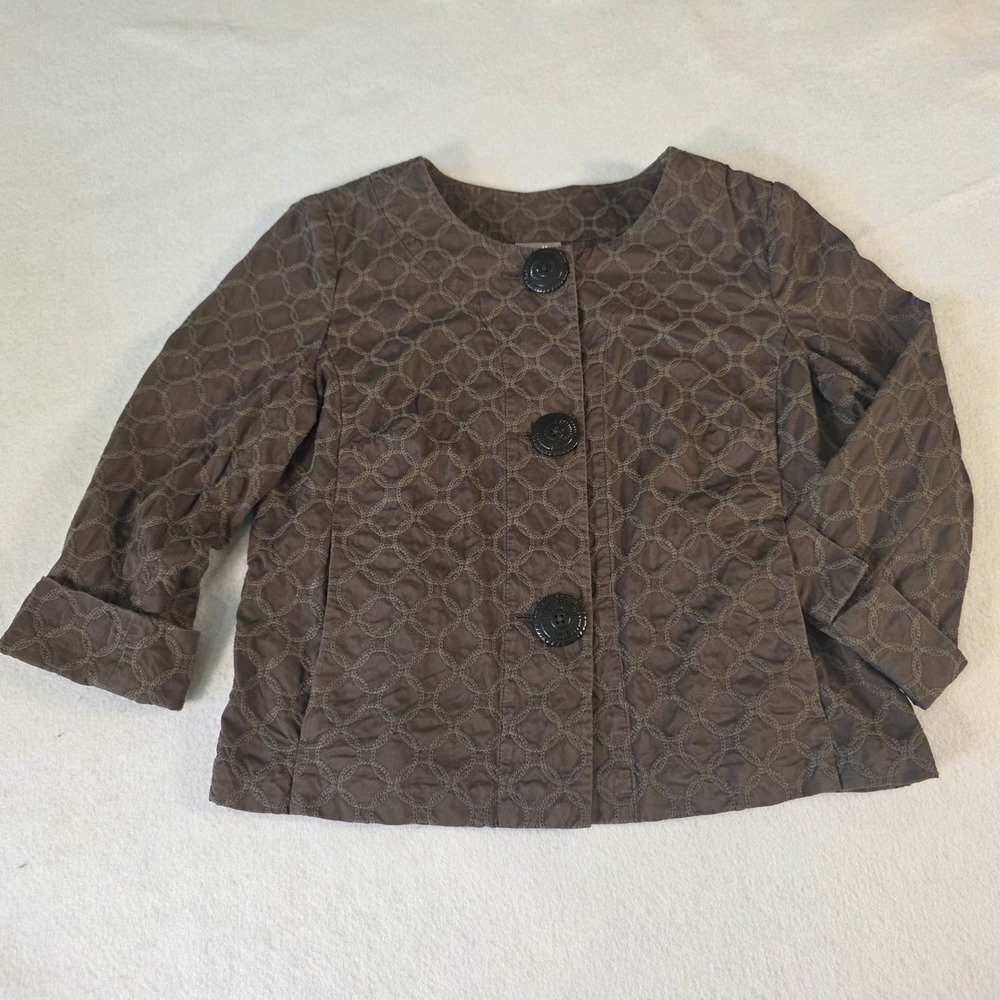 J. Jill Brown Embroidered Cotton Button Front Jacket 3/4 Sleeve Small‎